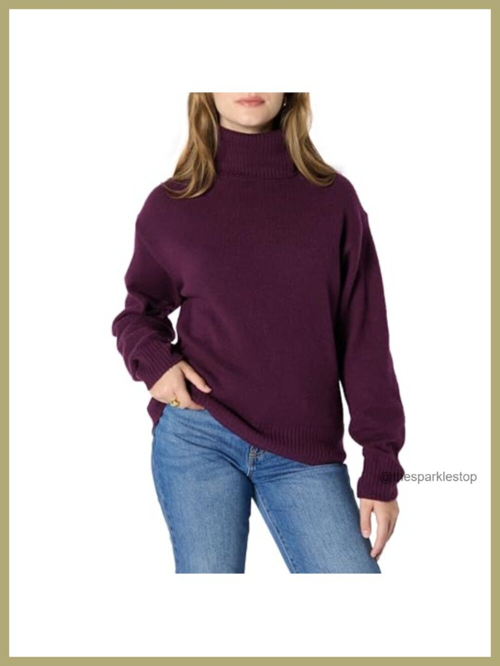 Relaxed-Fit Cotton Blend Turtleneck Pullover Sweater Dropped Shoulders Rib Trim
